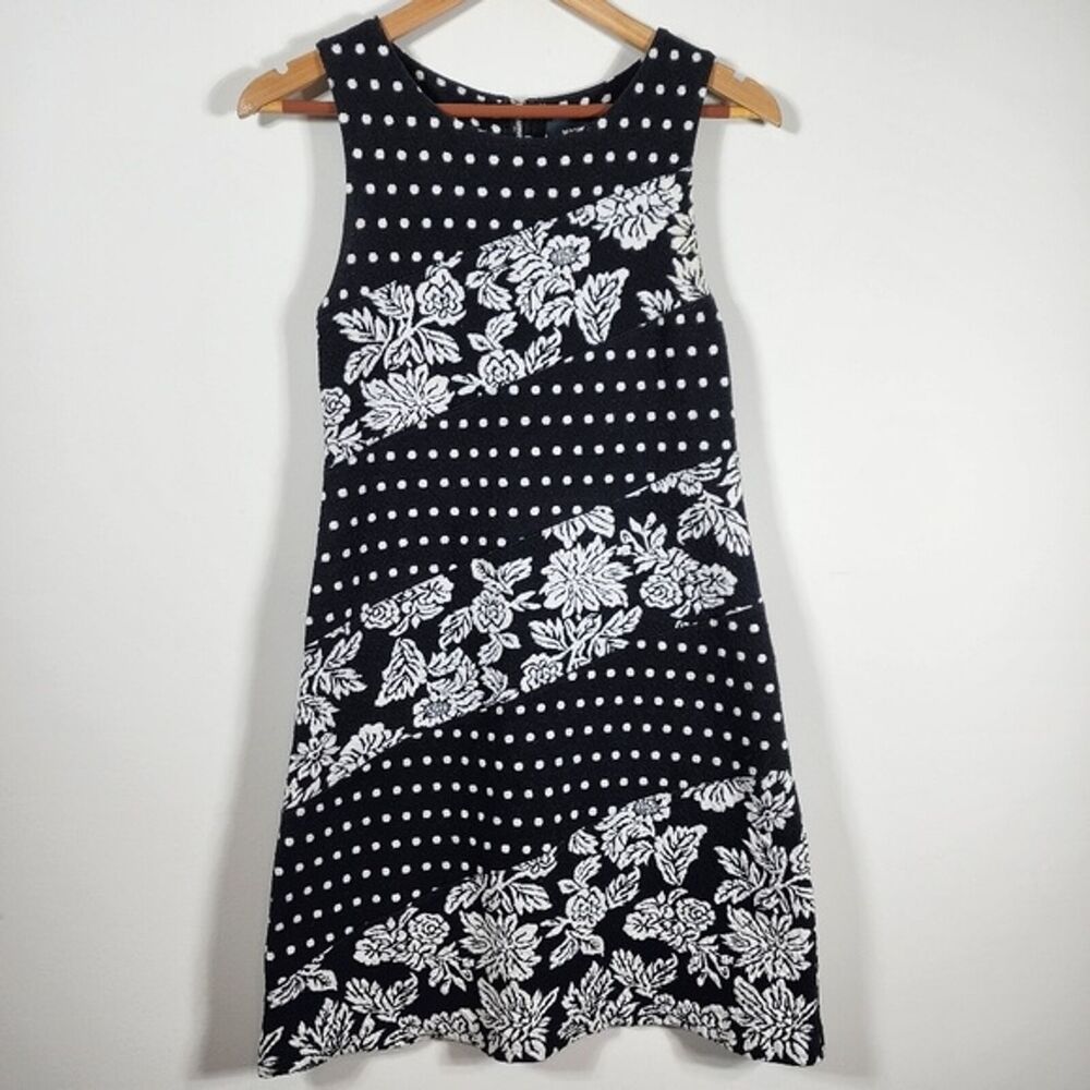 Dark Grey Maeve Anthropologie Polka Dot Floral Knit Mini Shift Dress Size XS